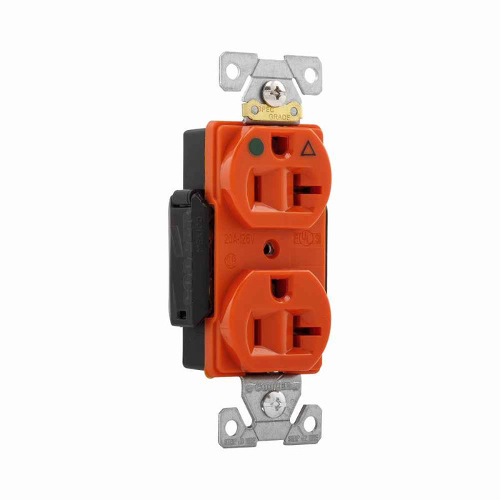 Eaton IG8300RN Arrow Hart heavy-duty hospital grade duplex receptacle, #14-10 AWG, 20A, Healthcare, Flush, 125V, Back and side, Orange, Brass, High-impact nylon face, Glass-filled nylon base, 5-20R, Duplex, Screw, Glass-filled nylon, Core pack