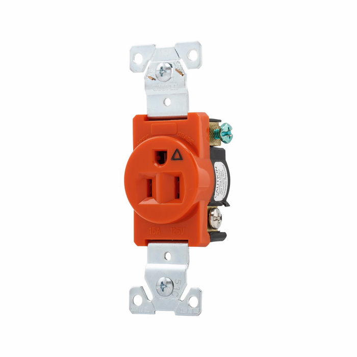 Eaton IG5261RN Arrow Hart extra heavy-duty industrial specification grade single receptacle,#14-10 AWG,15A,Industrial,Flush,125V,Back and side,Orange,Brass,High-impact nylon face,Glass-filled nylon base,5-15R,Single,Screw,Nylon,Core pack