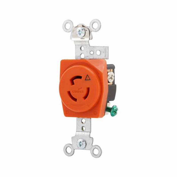Eaton IGL515R safety grip locking receptacle, #14-10 AWG, 15A, Industrial, 125V, Back and side wiring, Orange, Single, L5-15, Two-pole, Three-wire, Glass-filled nylon