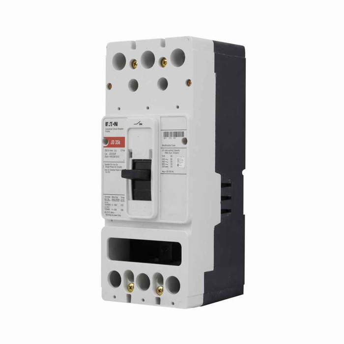 Eaton JD2100WA04 Series C complete molded case circuit breaker, J-frame, JD, Fixed thermal, fixed magnetic trip, Two-pole, 100A, 600 Vac, 250 Vdc, 65 kAIC at 240 Vac, 35 kAIC at 480 Vac, No terminals, 1A-1B same side left terminal, 50/60 Hz