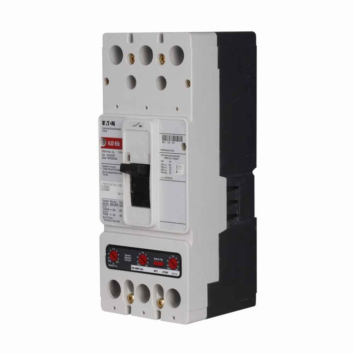Eaton JD3250KA12S43 Series C molded case switch, J-frame, JD, Fixed thermal and magnetic trips, Three-pole, 250A, 600 Vac, 250 Vdc, 65 kAIC at 240 Vac, 35 kAIC at 480 Vac, 2A-2B same side w/right pigtail, 12-24 Vac/dc opposite side w/ left pigtail