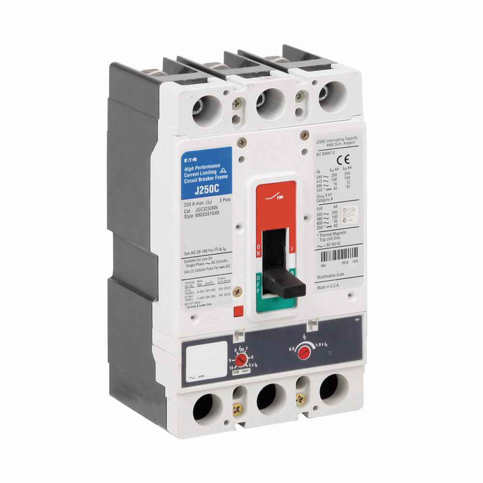 Eaton JGC3125AAG Series G molded case circuit breaker, JG-frame, JG, Adjustable thermal, adjustable magnetic trip, Three-pole, 125A, 600 Vac, 200 kAIC at 240 Vac, 100 kAIC at 480 Vac, 35 kAIC at 600 Vac, Line and load, Metric, 50/60 Hz