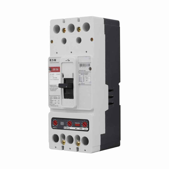 Eaton JDB3175VA09U49 Series C complete molded case circuit breaker, J-frame, JDB, Fixed thermal and magnetic trips, Three-pole, 175A, 600 Vac, 250 Vdc, 65 kAIC at 240 Vac, 35 kAIC at 480 Vac, 2A-2B same side w/left pigtail, 50°C