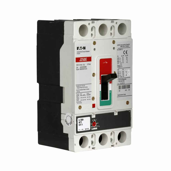 Eaton JGE3200FAGC Series G molded case circuit breaker, JG-frame, JG, Fixed thermal, adjustable magnetic trip, Three-pole, 200A, 600 Vac, 65 kAIC at 240 Vac, 25 kAIC at 480 Vac, 18 kAIC at 600 Vac, Line and load, Metric, 50/60 Hz, 100% rated