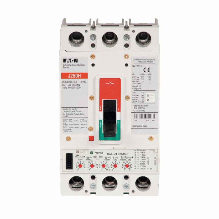 Eaton JGH3250NNW02 molded case circuit breaker accessory frame, Frame only, 250 A, 100 kAIC at 240 V, 70 kAIC at 415 V, 65 kAIC at 480 V, 25 kAIC at 600 V, Three-pole, 600 V, Frame only (no trip), Frame J-K, Series G, Without