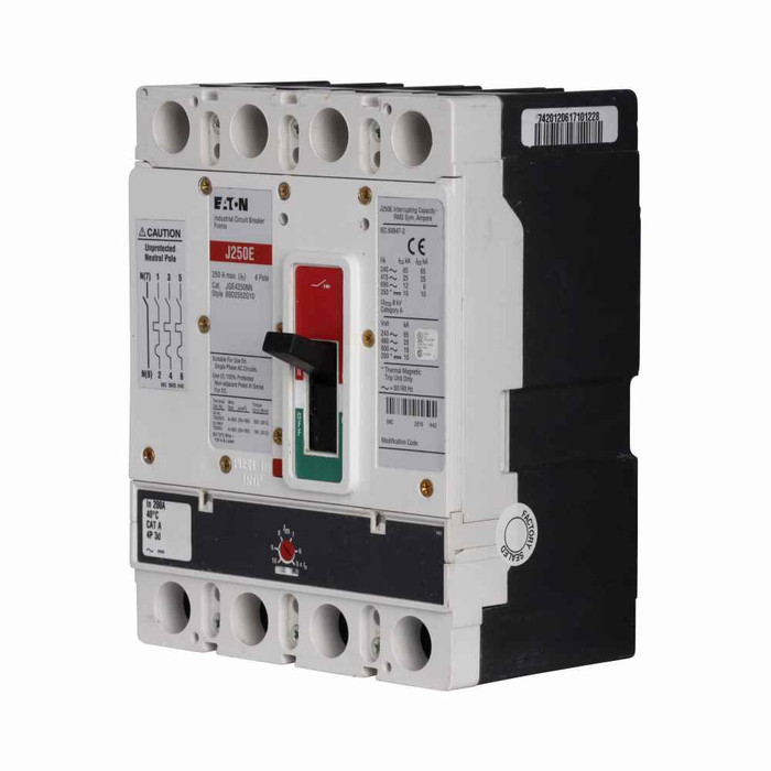 Eaton JGS4250FAG Series G MCCB: JG Frame, 250A, Four-pole, neutral 0% protected, 600V, 85 kAIC at 240V, 40 kAIC at 415V, 35 kAIC at 480V, 18 kAIC at 600V, Line/load standard w/ metric mounting hardware, Fixed thermal, adj. magnetic