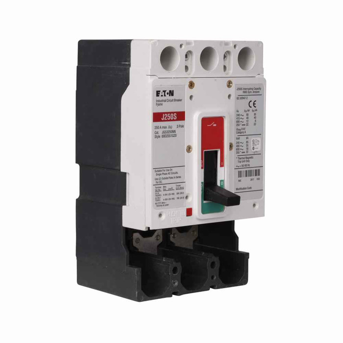 Eaton JGS325033GA1U2 Series G electronic molded case circuit breaker, JG-frame, JG, Complete breaker, Digitrip 310 RMS, Electronic LS trip, Three-pole, 250A, 600 Vac, Line and load, Metric, 1A-1B rear w/ 48 in right pigtail, 24 Vdc rear w/ left pigta