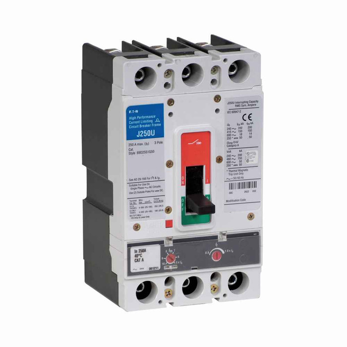 Eaton JGU3160AAG Series G molded case circuit breaker, JG-frame, JG, Adjustable thermal, adjustable magnetic trip, Three-pole, 160A, 600 Vac, 200 kAIC at 240 Vac, 150 kAIC at 480 Vac, 50 kAIC at 600 Vac, Line and load, Metric, Not UL rated, 50/60 Hz
