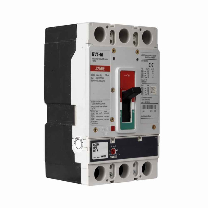 Eaton JGS2175FAG Series G MCCB: JG Frame, 175A, Two-pole, 600V, 85 kAIC at 240V, 40 kAIC at 415V, 35 kAIC at 480V, 18 kAIC at 600V, Line/load standard w/ metric mounting hardware, Fixed thermal, adj. magnetic