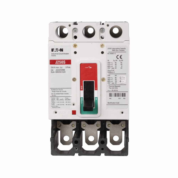 Eaton JGS3125FAGC Series G molded case circuit breaker, JG-frame, JG, Fixed thermal, adjustable magnetic trip, Three-pole, 125A, 600 Vac, 85 kAIC at 240 Vac, 35 kAIC at 480 Vac, 18 kAIC at 600 Vac, Line and load, Metric, 50/60 Hz, 100% rated