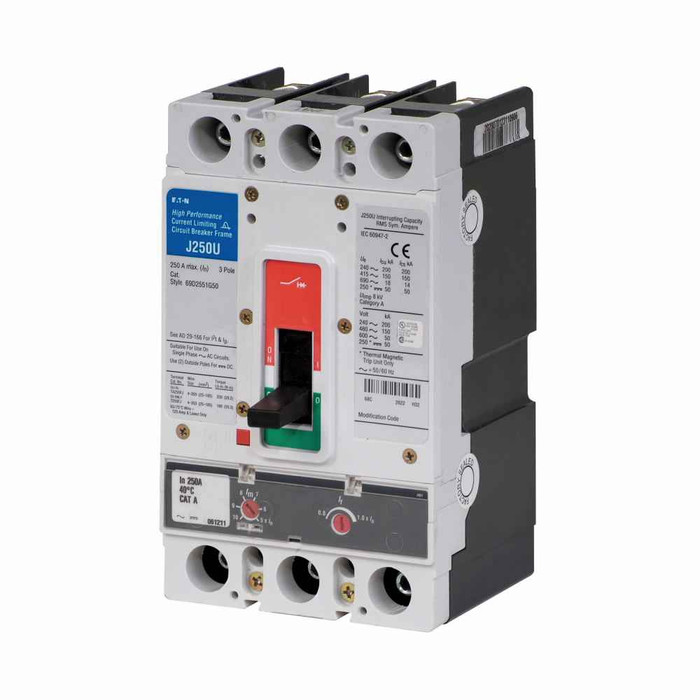 Eaton JGU3100FAG Series G molded case circuit breaker, JG-frame, JG, Fixed thermal, adjustable magnetic trip, Three-pole, 100A, 600 Vac, 250 Vdc, 200 kAIC at 240 Vac, 150 kAIC at 480 Vac, 50 kAIC at 600 Vac, Line and load, 50/60 Hz