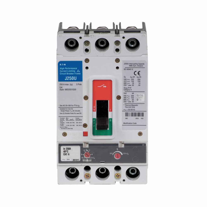 Eaton JGU3100FAGC Series G molded case circuit breaker, JG-frame, JG, Fixed thermal, adjustable magnetic trip, Three-pole, 100A, 600 Vac, 250 Vdc, 200 kAIC at 240 Vac, 150 kAIC at 480 Vac, 50 kAIC at 600 Vac, Copper, Line/load, 50/60 Hz, 100% rated