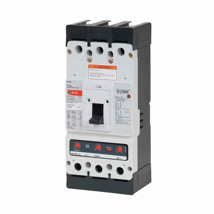 Eaton KD3400Z07 Series C complete molded case circuit breaker, K-frame, KD, Complete breaker, Fixed thermal, fixed magnetic trip, Three-pole, 400A, 600 Vac, 250 Vdc, 65 kAIC at 240 Vac, 35 kAIC at 480 Vac, Optional line and load, T350K terminals Eaton KD3400Z07 Series C complete molded case circuit breaker, K-frame, KD, Complete breaker, Fixed thermal, fixed magnetic trip, Three-pole, 400A, 600 Vac, 250 Vdc, 65 kAIC at 240 Vac, 35 kAIC at 480 Vac, Optional line and load, T350K terminals