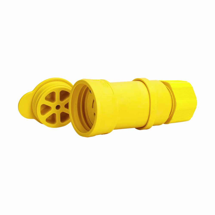 Eaton L1520CW Arrow Hart watertight locking connector, #18-10 AWG, 20A, Industrial, 250V, Back wiring, Yellow, Steel, Watertight, L15-20, Three-pole, Four-wire, Santoprene thermoplastic elastomeric, 0.36 to 0.84 in, IP67