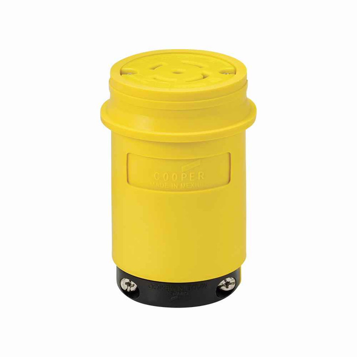 Eaton L2130CY severe duty locking connector, #18-10 AWG, 30A, Industrial, 120/208V, Back wiring, Yellow, black, Severe duty, L21-30, Four-pole, Five-wire, Santoprene thermoplastic elastomeric, 0.63 to 1.16 in