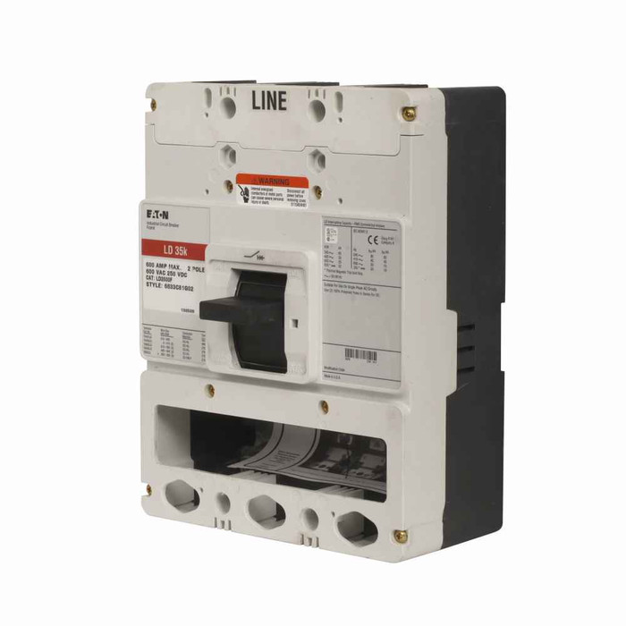 Eaton LD2600WK Series C molded case switch, L-frame, LD, Molded case switch, Fixed thermal, fixed magnetic trip type, Two-pole, 600A, 600 Vac, 250 Vdc, 65 kAIC at 240 Vac, 35 kAIC at 480 Vac, Without terminals, 50/60 Hz
