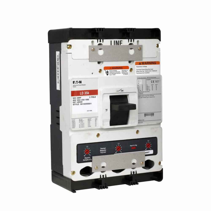 Eaton LD3600T57WZG Series C electronic molded case circuit breaker, L-frame, LD, Complete breaker, OPTIM 550, Electronic LSIA trip, Three-pole, 600A, 600 Vac, 250 Vdc, Without terminals, Zone selective interlock, 50/60 Hz