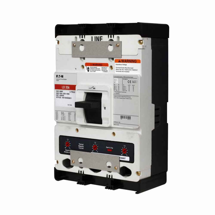 Eaton LD3500W Series C complete molded case circuit breaker, L-frame, LD, Complete breaker, Fixed thermal, fixed magnetic trip type, Three-pole, 500A, 600 Vac, 250 Vdc, 65 kAIC at 240 Vac, 35 kAIC at 480 Vac, Without terminals, 50/60 Hz