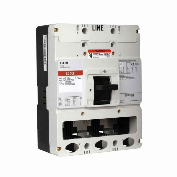 Eaton LD3600FA08K09P07S18 Series C electronic molded case circuit breaker, L-frame, LD, Electronic LSG trip, 600A, Three-pole, 600A, 600 Vac, 250 Vdc, 65 kAIC at 240 Vac, 35 kAIC at 480 Vac, 80-600 Vac rear w/ left pigtail, 50/60 Hz
