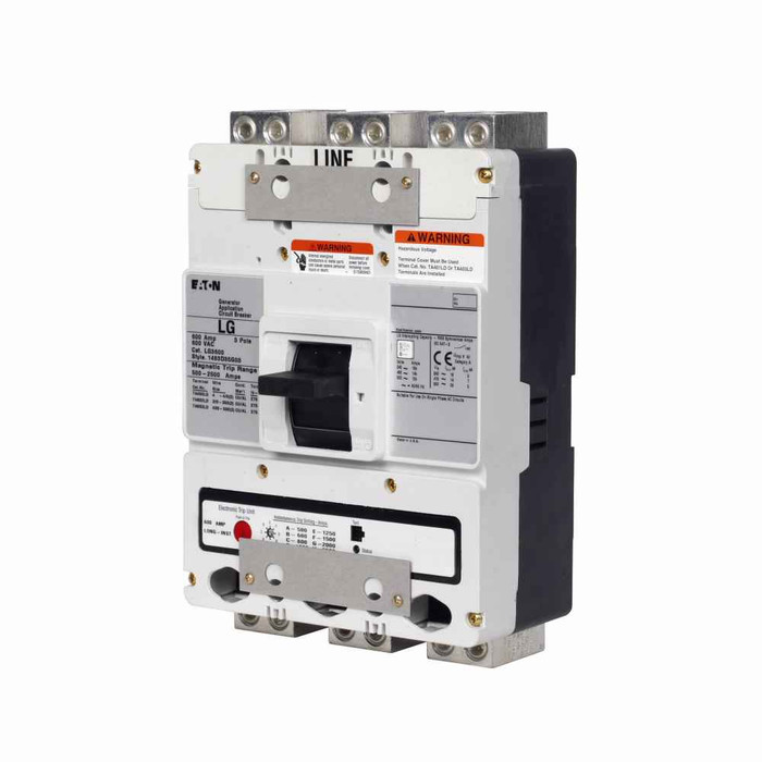 Eaton LG3600S03 Series C complete molded case circuit breaker, L-frame, Fixed thermal and magnetic trips, 600-2500A, Three-pole, 600A, 600 Vac, Line/load, Engine generator, 12-24 Vac/dc opposite side w/ left pigtail, Reverse feed