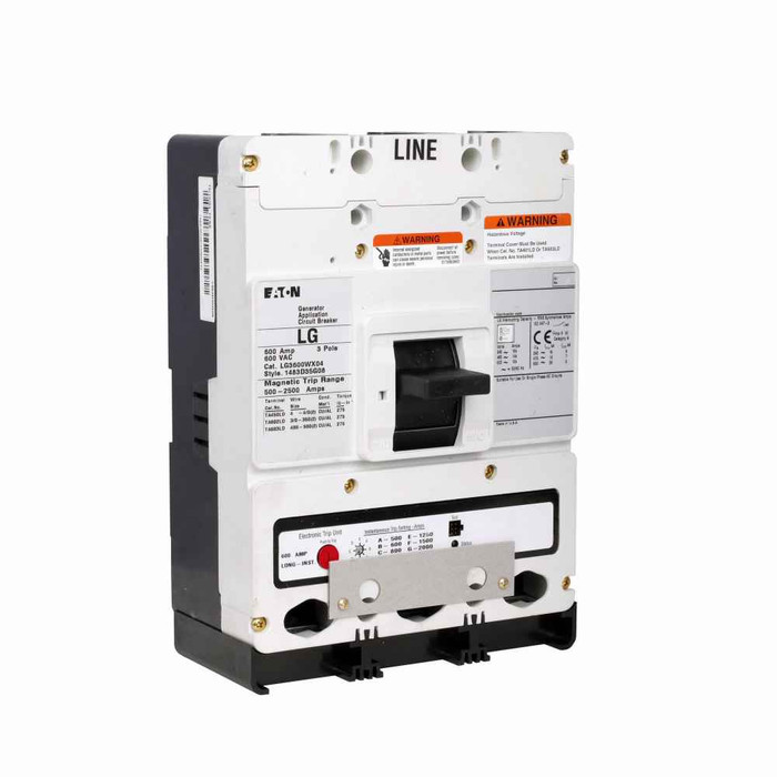 Eaton LG3600WX04 Series C complete molded case circuit breaker, L-frame, Fixed thermal, fixed magnetic trip, 600A trip rating, Three-pole, 600A, 600 Vac, without terminals, optional load side, Engine generator, Reverse feed, 50/60 Hz