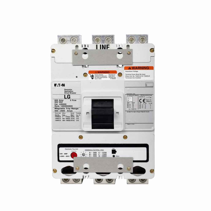 Eaton LG3600A05S01 Series C complete molded case circuit breaker, L-frame, Fixed thermal and magnetic trips, 600-2500A, Three-pole, 600A, 600 Vac, Line/load, 1A-1B same side w/right pigtail, 12-24 Vac/dc same side w/ left pigtail, Reverse feed