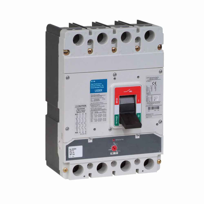 Eaton LGH4600FAG Series G molded case circuit breaker, LG-frame, LG, Fixed thermal, adj. magnetic trip, Four-pole, 600A, 600 Vac, 100 kAIC at 240 Vac, 70 kAIC at 415 Vac, 65 kAIC at 480 Vac, 35 kAIC at 600 Vac, Line/load, Metric