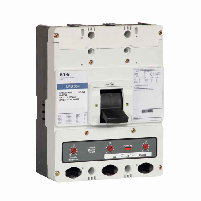Eaton LPS3600L Definite purpose complete molded case circuit breaker, LP, Fixed thermal, fixed magnetic trip type, Three-pole, 600A, 600 Vac, 65 kAIC, Line and load, Definite purpose