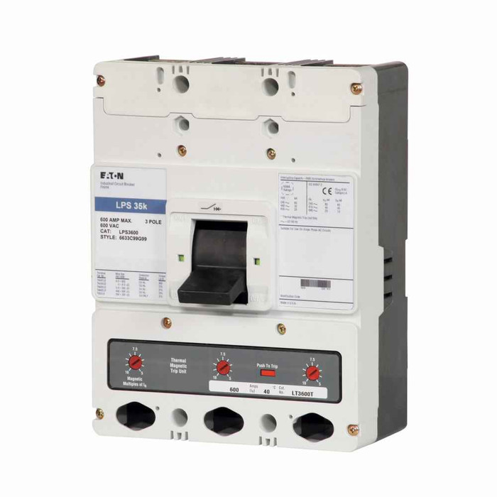 Eaton LPS3600W Definite purpose complete molded case circuit breaker, LP, Fixed thermal, fixed magnetic trip type, Three-pole, 600A, 600 Vac, 65 kAIC, Without terminals, Definite purpose
