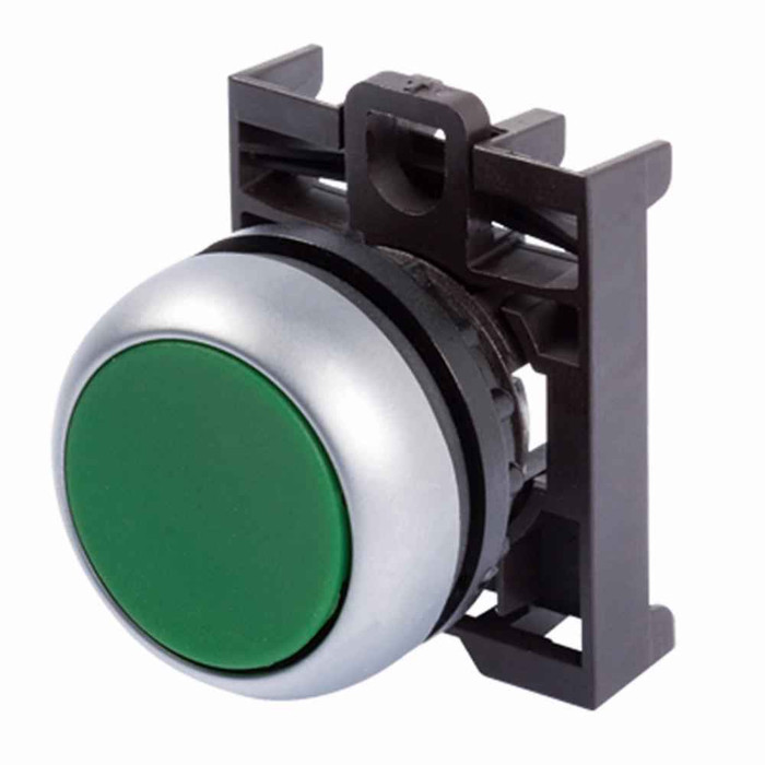 Eaton M22-DR-G 22.5 mm RMQ-Titan Pushbutton,Green Actuator,Silver bezel,IP67, IP69K,Non-illuminated,Flush mounting,NEMA 4X, 13,1,000,000 operations,Maintained,22.5 mm,Flush Pushbutton,M22
