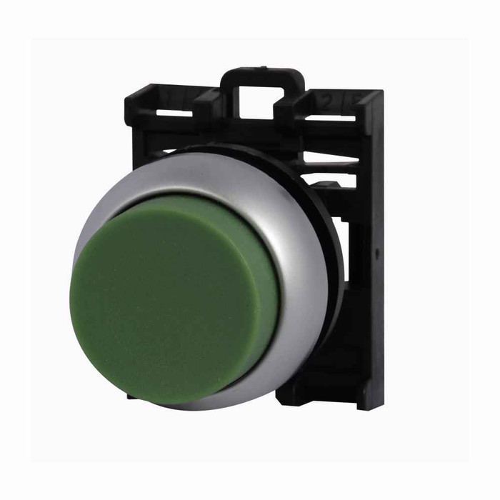 Eaton M22-DH-G M22 modular pushbutton M22 Modular Pushbutton Operator, 22.5 mm, Extended, Momentary, Non-illuminated, Bezel: Silver, Button: Green, IP67, IP69K, NEMA 4x, 13, 5,000,000 Million mechanical operations
