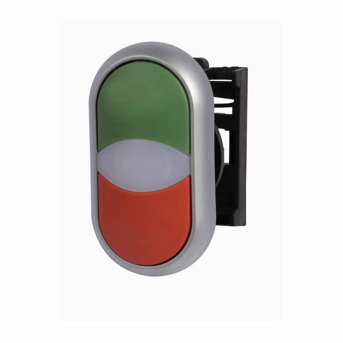 Eaton M22-DDLF-GR-ETCH M22 modular pushbutton, 22.5 mm, Flush, Momentary, Illuminated, Bezel: Silver, Button: Top Green, Bottom Red, Inscription: Custom/ Custom, IP66, NEMA 4X, 13, Light 100,000 hours, Button 200,000 Operations