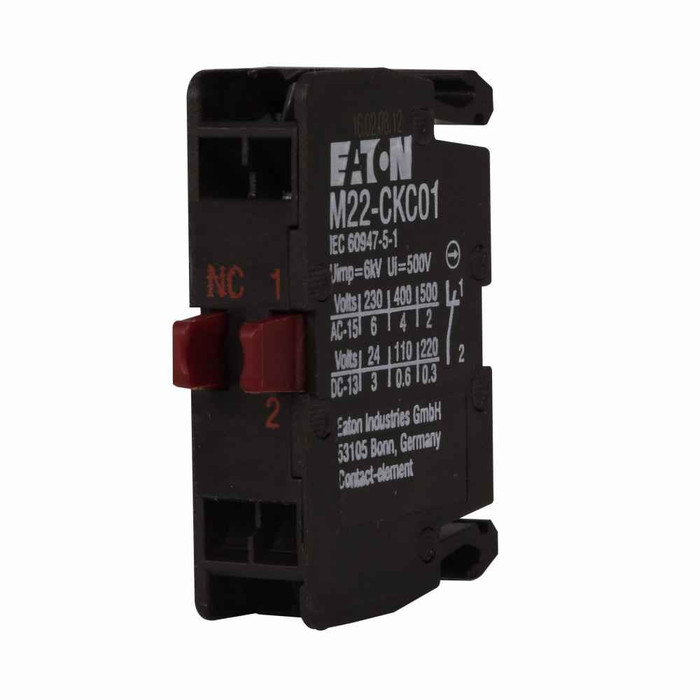 Eaton M22-CKC01 M22 pushbutton contact block, M22 Non-Illuminated Emergency Stop contact block, 22.5 mm, Base, Spring-cage, Black, NC, IP65