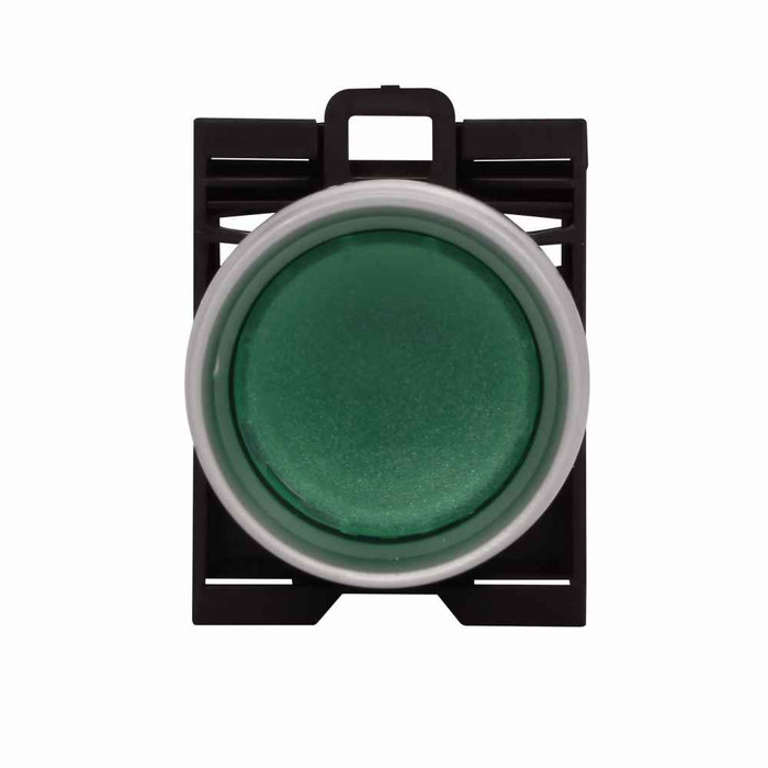 Eaton M22-DGL-G 22.5 mm Modular Pushbutton Operator, RQM-Titan, Flush, Green Actuator, Silver bezel, Illuminated, 5,000,000 operations, Momentary, Guarded, M22 Series