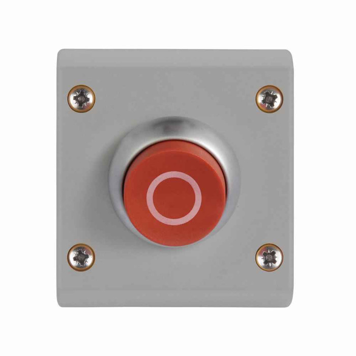 Eaton M22-C1-M7H M22 Assembled One Element Control Station, 22.5 mm, Flush pushbutton, Momentary, Non-illuminated, Button: Red, Inscription: O/ X0, NC, IP66, UL (NEMA) Type 4X, 13, Horizontal, Base: Black, Enclosure: Gray
