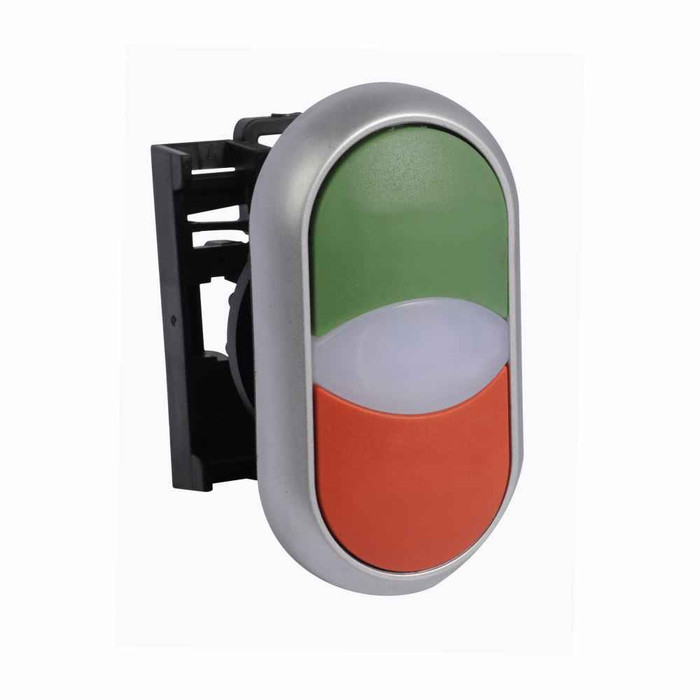Eaton M22-DDLM-GR M22 modular pushbutton, 22.5 mm, Top Flush, Bottom Extended actuator, Momentary, Illuminated, Bezel: Silver, Button: Top Green, Bottom Red, IP66, NEMA 4X, 13, Light 100,000 hours, Button 200,000 Operations Eaton M22-DDLM-GR M22 modular pushbutton, 22.5 mm, Top Flush, Bottom Extended actuator, Momentary, Illuminated, Bezel: Silver, Button: Top Green, Bottom Red, IP66, NEMA 4X, 13, Light 100,000 hours, Button 200,000 Operations