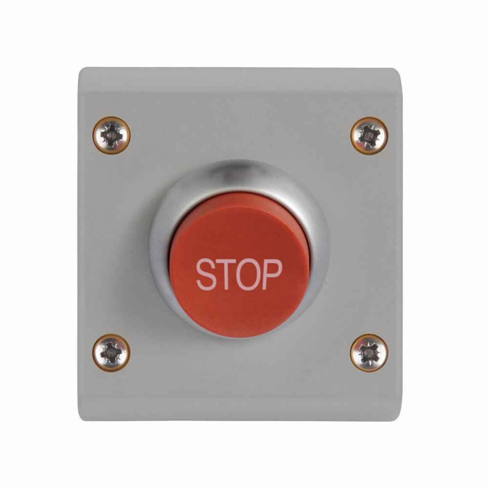 Eaton M22-C1-M8H M22 Assembled One Element Control Station, 22.5 mm, Flush pushbutton, Momentary, Non-illuminated, Button: Red, Inscription: STOP/ GB0, NC, IP66, UL (NEMA) Type 4X, 13, Horizontal, Base: Black, Enclosure: Gray
