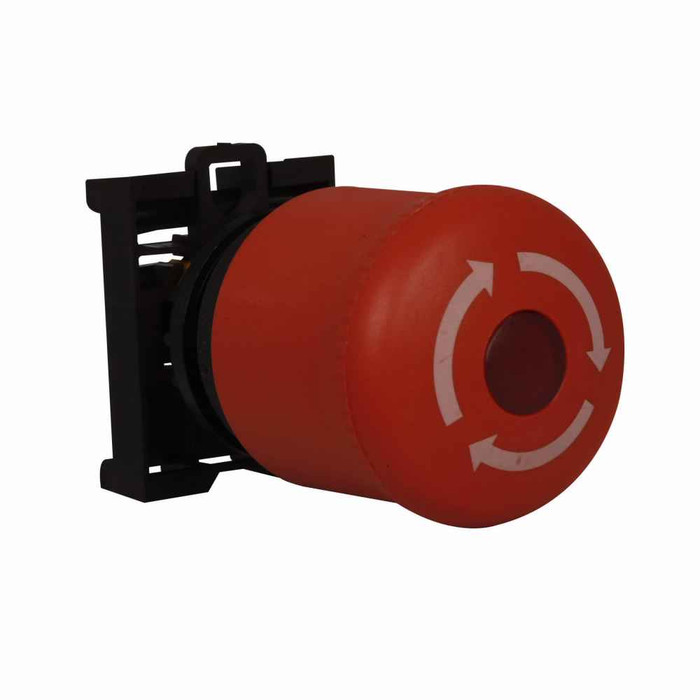 Eaton M22-PVLT-K12-R M22 Twist-To-Release Emergency Stop, Complete Device, 22.5 mm, Knob, Maintained, Illuminated, Bezel: Silver, Button: Red, 1NO-2NC, IP67, IP69K, NEMA 4X, 13, 12-30 Vac/dc
