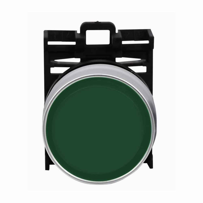 Eaton M22-DGH-G 22.5 mm Modular Pushbutton Operator, RQM-Titan, Extended, Green Actuator, Silver bezel, Non-illuminated, 5,000,000 operations, Momentary, Guarded, M22 Series