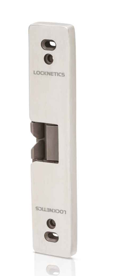 Locknetics RS200 Surface Mount Electric Rim Strike, 630 Satin Stainless Steel finish, angled front view