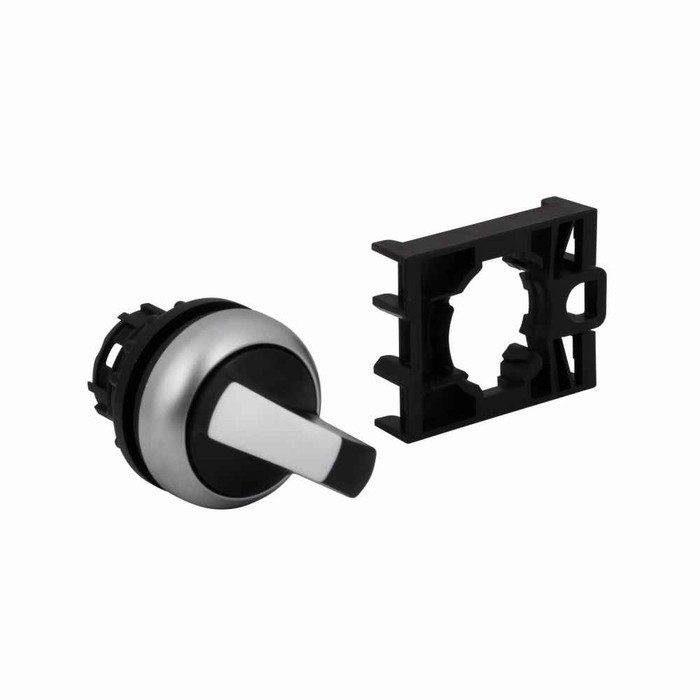 Eaton M22-WRK3-1 M22 modular pushbutton, M22 Modular Selector Switch Operator, 22.5 mm, Knob, Maintained, Return from right, Non-illuminated, Bezel: Silver, Button: Black, IP66, NEMA 4X, 13, Three-position, 100,000 Operations