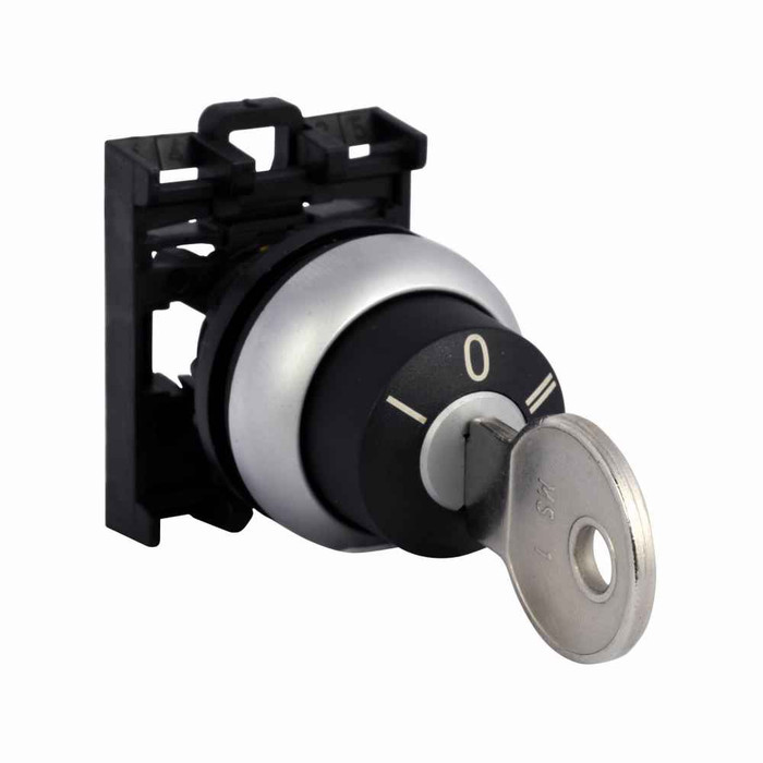 Eaton M22-WRS3-MS6-A4 M22 Modular Three Position Key-Operated Selector Switch, 22.5 mm, Maintained, Return from right, key removable left/center, Non-illuminated, Bezel: Silver, Button: Black, MS6, IP66, NEMA 4X, 13, Three-Position, 100,000 Operation
