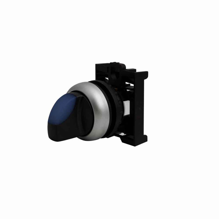 Eaton M22-WLKV-B M22 modular pushbutton, M22 Modular Selector Switch Operator, 22.5 mm, Knob, Momentary, Illuminated, Bezel: Silver, Button: Blue, IP66, NEMA 4X, 13, Two-Position, V, Light 100,000 hours, Button 100,000 Operations