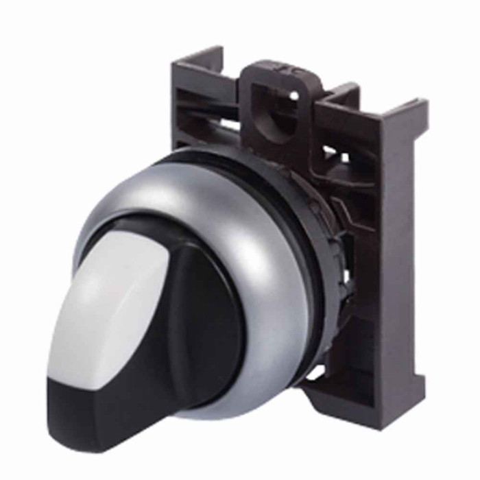 Eaton M22-WKV M22 modular pushbutton, M22 Modular Selector Switch Operator, 22.5 mm, Knob, Maintained V, Non-illuminated, Bezel: Silver, Button: Black, IP66, NEMA 4X, 13, Two-Position, V, 100,000 Operations