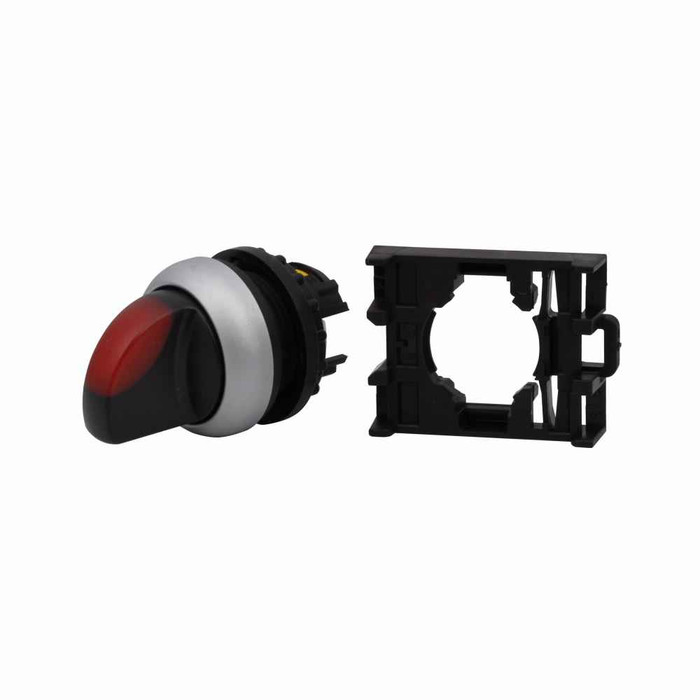 Eaton M22-WLKV-R M22 modular pushbutton, M22 Modular Selector Switch Operator, 22.5 mm, Knob, Momentary, Illuminated, Bezel: Silver, Button: Red, IP66, NEMA 4X, 13, Two-Position, V, Light 100,000 hours, Button 100,000 Operations
