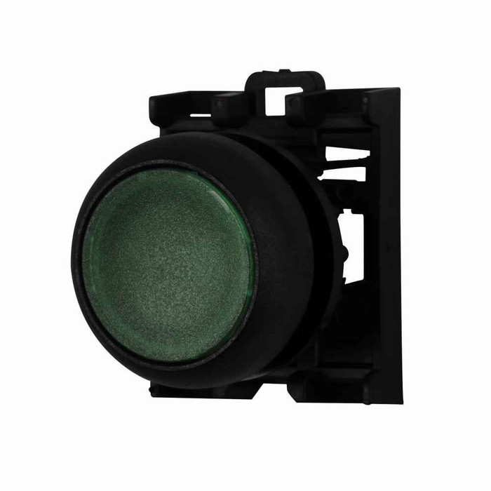 Eaton M22S-DL-G M22 modular pushbutton, 22.5 mm, Flush, Momentary, Illuminated, Bezel: Black, Button: Green, IP67, IP69K, NEMA 4x, 13, 5,000,000 Million mechanical operations