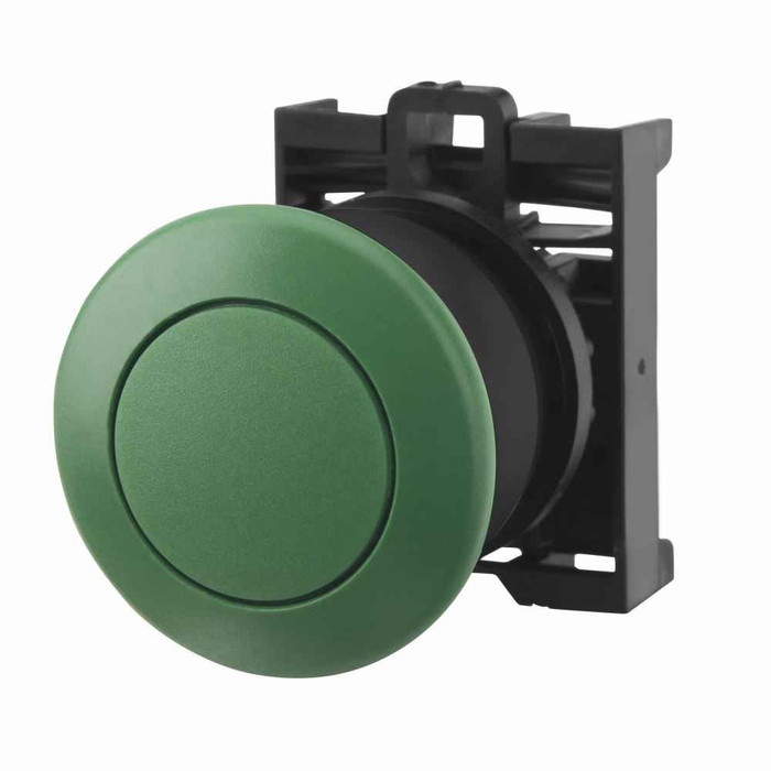 Eaton M22S-DP-G M22 modular pushbutton, M22 Modular Mushroom Pushbutton Operator, 22.5 mm, Momentary, Non-illuminated, Bezel: Black, Button: Green, IP67, IP69K, NEMA 4X, 13, 5,000,000 Million mechanical operations