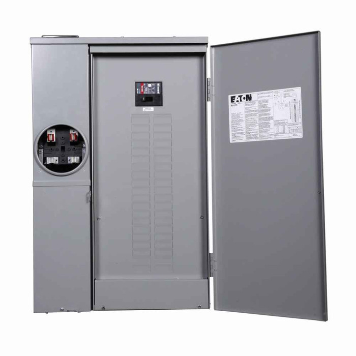 Eaton MBE4040B200TS Meter Breaker EUSERC Type BR , CSR2200 main breaker, 200A, 120/240V, Ring, 40 spaces, 40 circuits, 22 kAIC, Surface mounting, Box size 12, Aluminum bus, Overhead feed, Four-jaws, 1 socket, #6-250 kcmil line, #6-250 kcmil ground