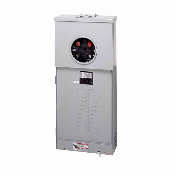Eaton MBE2040B200TS Meter Breaker EUSERC Type BR , CSR2200 main breaker, 200 A, 120/240V, Ring, 20 spaces, 40 circuits, 10 kAIC, Surface mounting, Box size C, Aluminum bus, Overhead feed, Four-jaws, 1 socket, #6-350 kcmil line, #6-350 kcmil ground