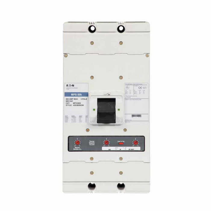 Eaton MPS3800L Definite purpose complete molded case circuit breaker, MP-frame, MPS, Complete breaker, Fixed thermal, fixed magnetic trip type, Three-pole, 800A, 600 Vac, 65 kAIC, Line and load, Definite purpose